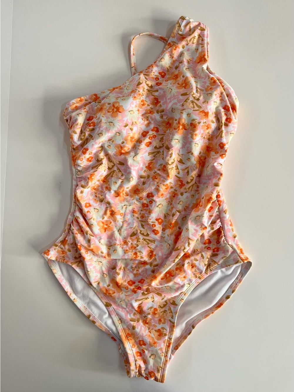 Kona Sol Floral One-Piece One Shoulder Swimsuit Pink Orange size medium flowers